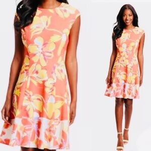 London Times Coral and Yellow Floral Midi Dress